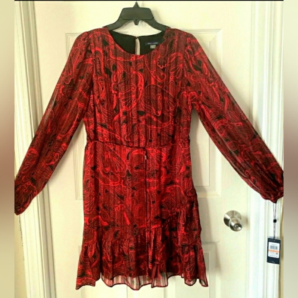 Tommy Hilfiger Shift Dress - Size 2 - Red/ Black Long Sleeve - MSRP $129